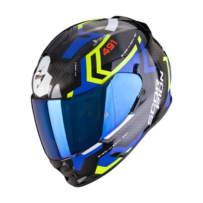 helma na motorku Scorpion EXO 491 Spin černo/modro/neonově žlutá, Velikost XS