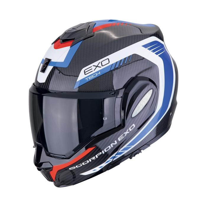 výklopná hema na motorku Scorpion EXO-Tech Evo Carbon Cosy černo/modro/červená, Velikost S