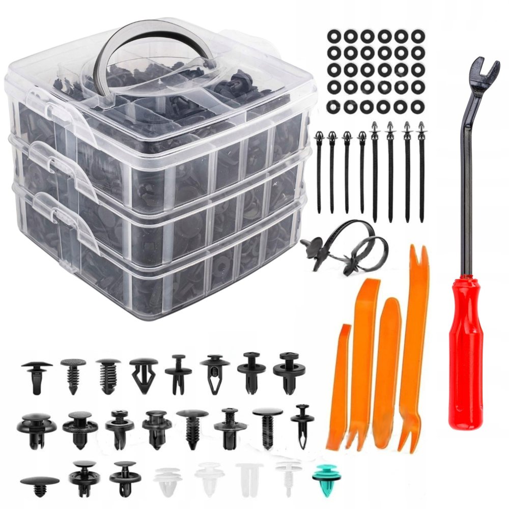 sada plastových příchytek, s nářadím