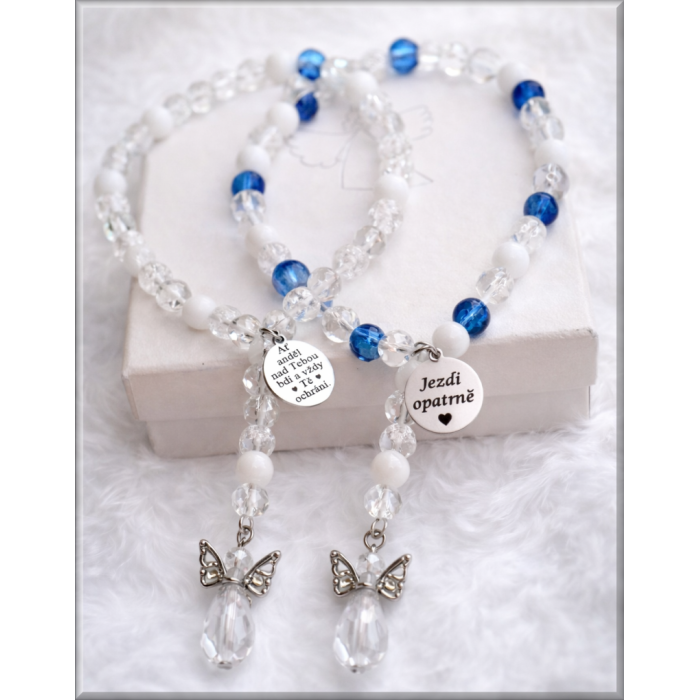 Růženec – talisman do auta bílý Andílek